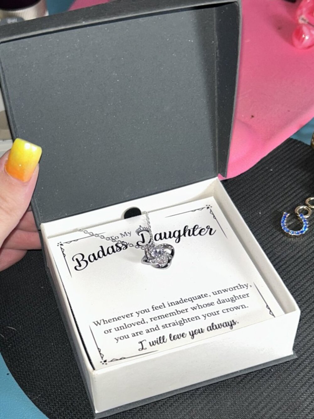To My Badass Daughter Love Knot Necklace 14k White Gold Over SS CZ Gift
